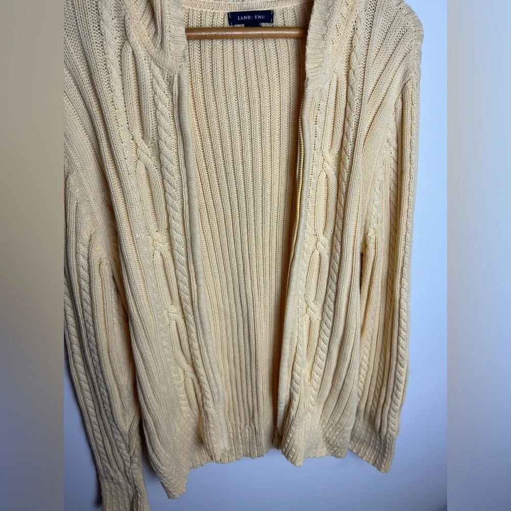 Lads end Cable knit Full Zip Hoodie Yellow Butter‎ Size L old Money Vintage